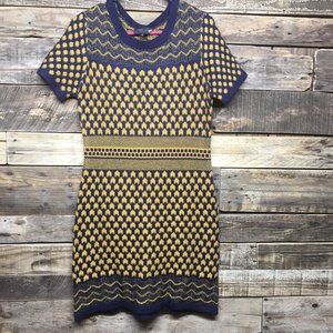 Romeo & Juliet Marigold and Navy Knit Fair Isle Short Sleeve Sheath Dress Size M